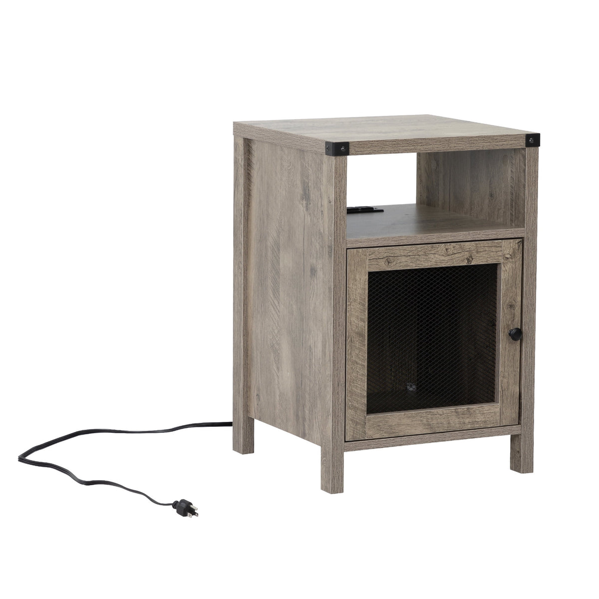 Farmhouse Nightstand with Power Outlets, USB Ports, Cabinet, Storage Shelf N59726