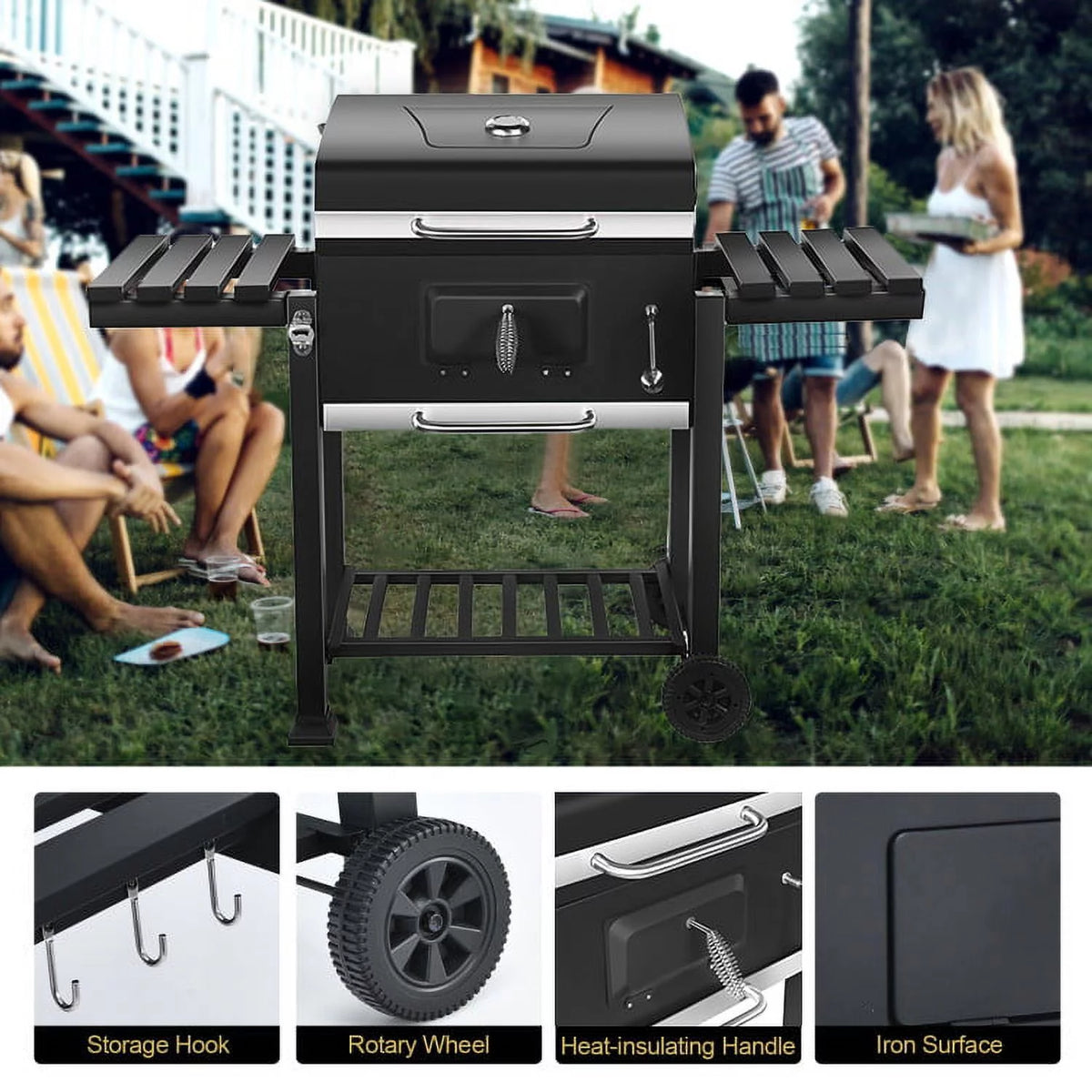 24 Charcoal Grill with Side Shelf and Wheels V792