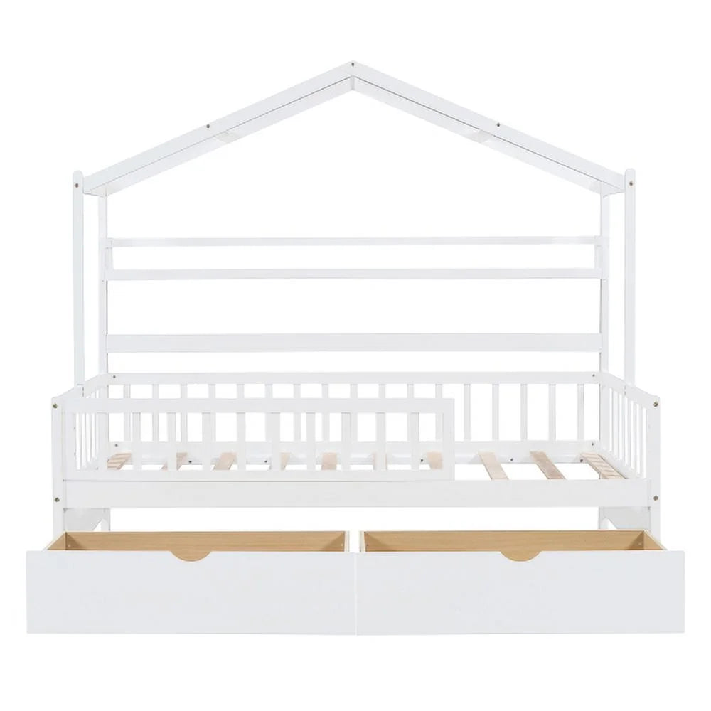 White Twin Size Wooden House Bed with 2 Drawers F146061