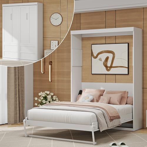 Full Size Space Saving Wall Murphy Bed Convertible Hidden Bed White N8715