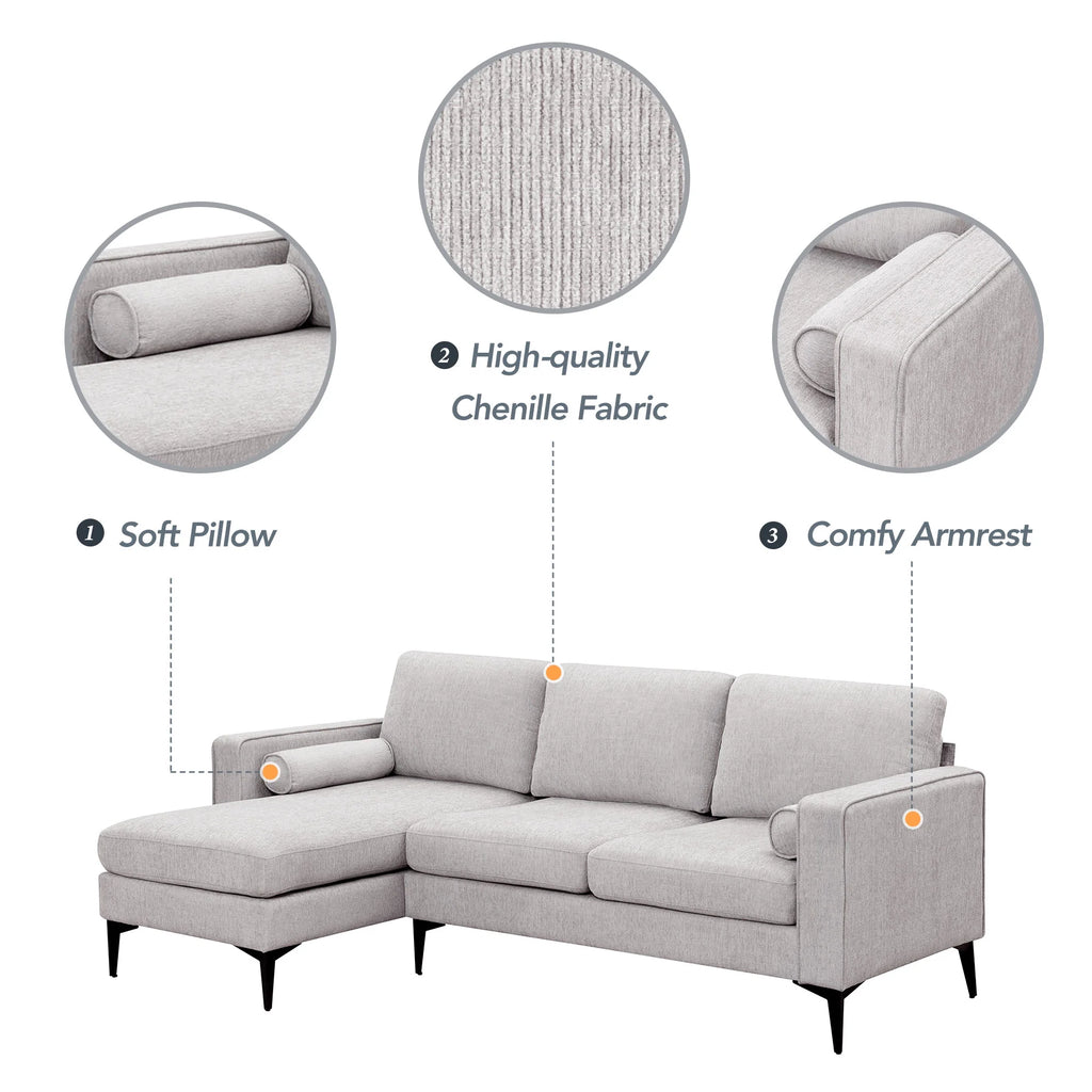 L-Shaped Sectional Sofa with Reversible Chaise, 3 Seater Chenille Fabric Modular Couch with Pillows Metal Legs X303613