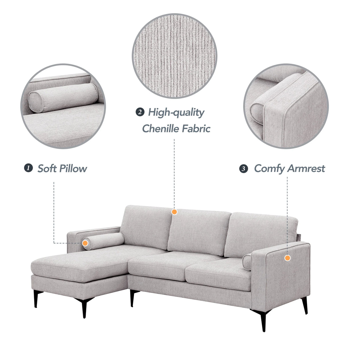 L-Shaped Sectional Sofa with Reversible Chaise, 3 Seater Chenille Fabric Modular Couch with Pillows Metal Legs X303613