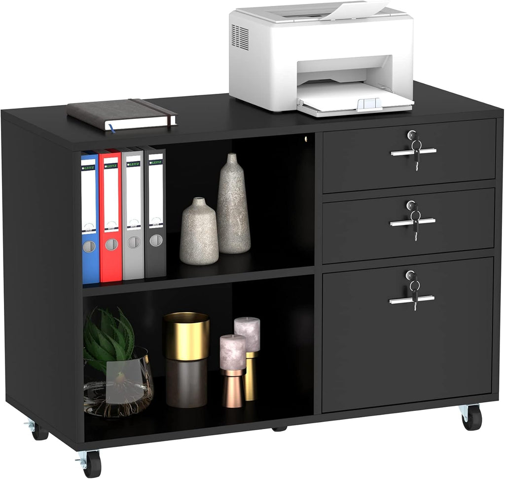 Grey 3 Drawer Mobile Lateral Filing Cabinet with 2 Open Shelves T726