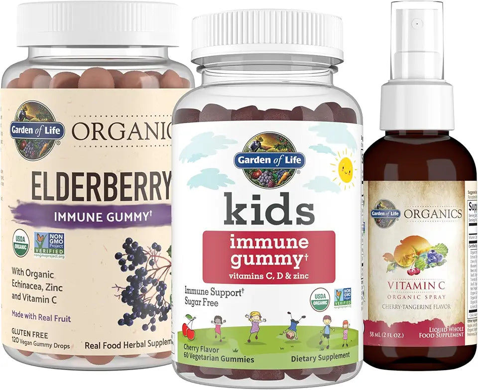 Elderberry Gummies with Echinacea Zinc 120 Count + Kids Immune Gummy 60ct + Vitamin C Spray 2 Fl Oz T601