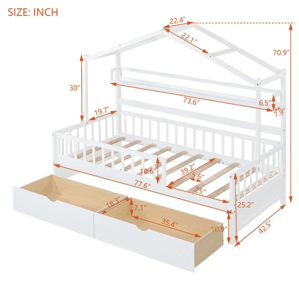 White Twin Size Wooden House Bed with 2 Drawers F146061
