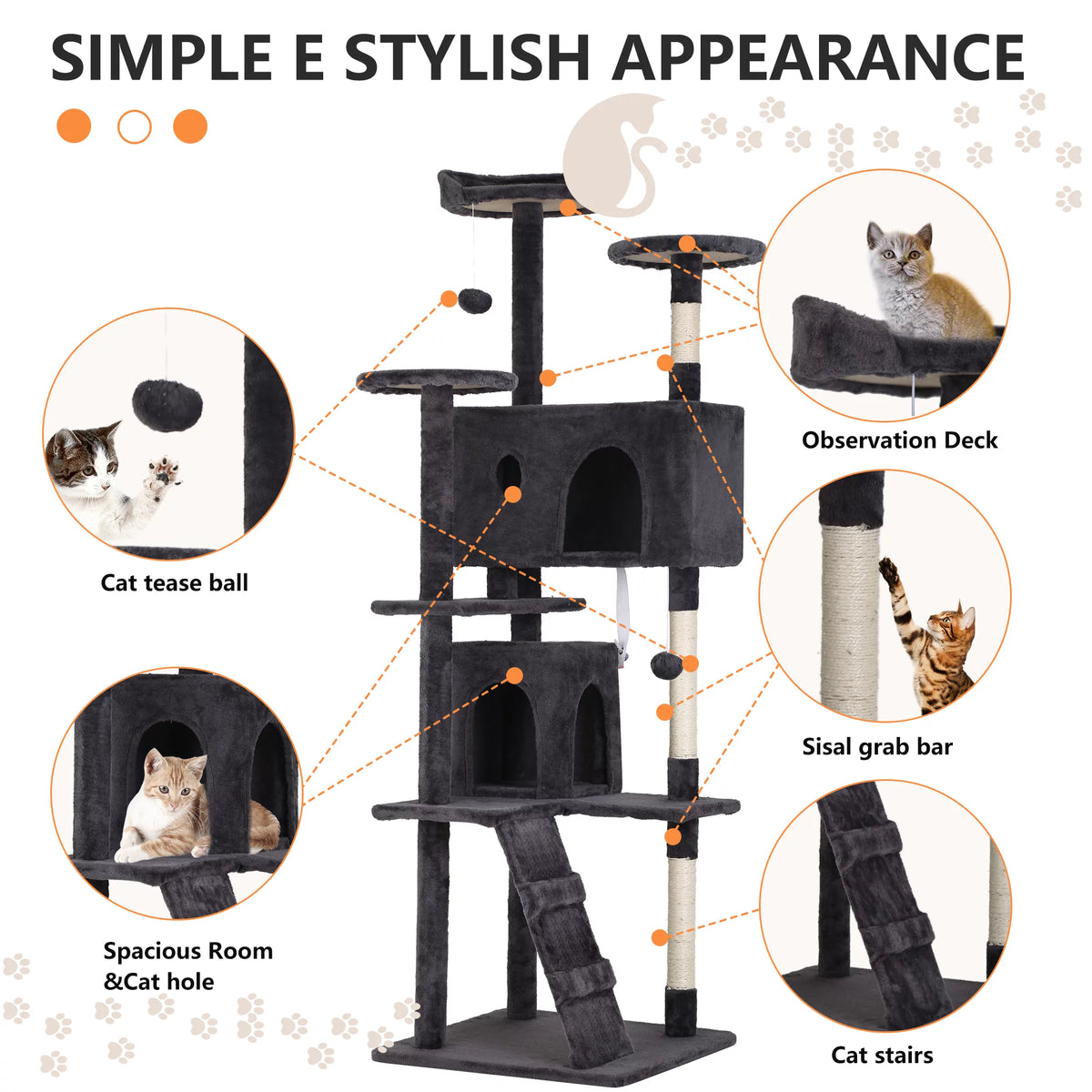 70in Dark Gray Multi-Level Cat Tree Tower with Scratching Posts S7296