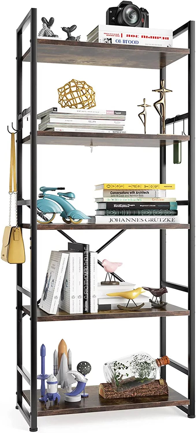 5 Tier Wood Bookcase with 4 Hooks T1472