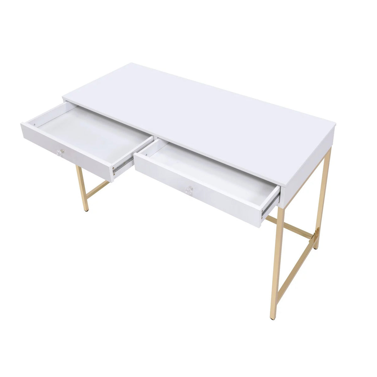 White and Gold Two Drawers Wooden Desk with Tubular Metal Base J69432