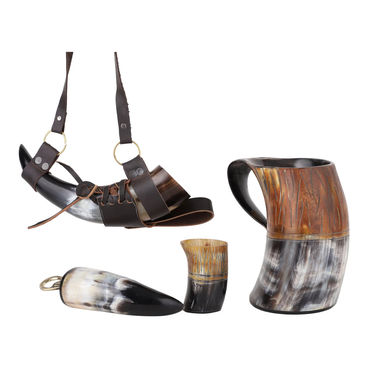 Handmade Natural Ox-Horn Drinking Horn Set with Belt Holster T39931