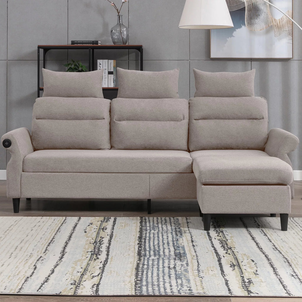 Beige L-Shaped Sectional Sofa with Storage Ottoman and 2 USB Ports C88575