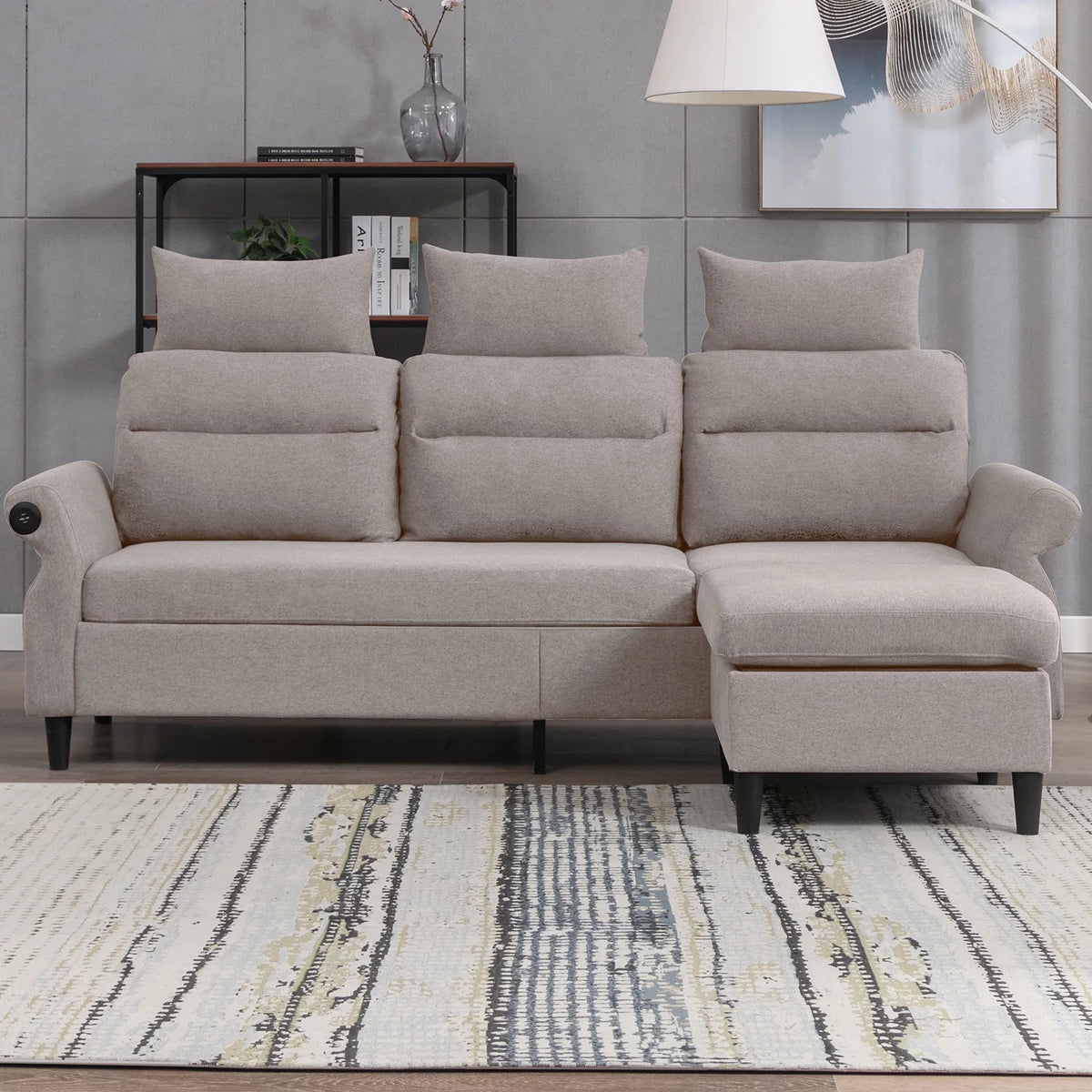 Beige L-Shaped Sectional Sofa with Storage Ottoman and 2 USB Ports C88575