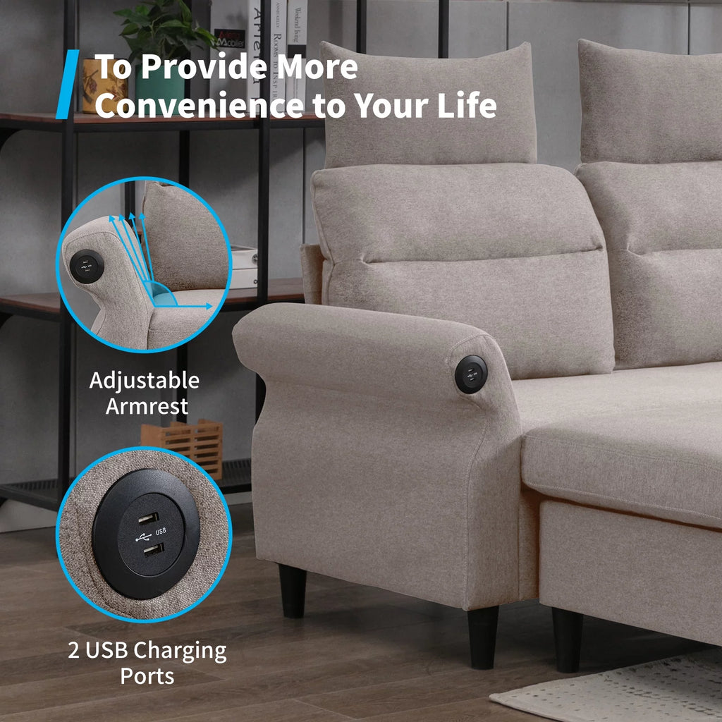 Beige L-Shaped Sectional Sofa with Storage Ottoman and 2 USB Ports C88575
