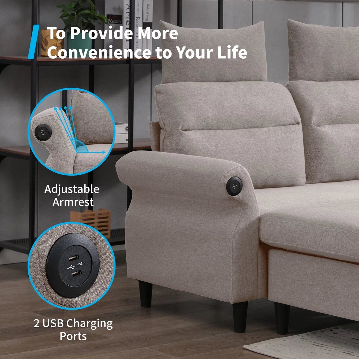 Beige L-Shaped Sectional Sofa with Storage Ottoman and 2 USB Ports C88575