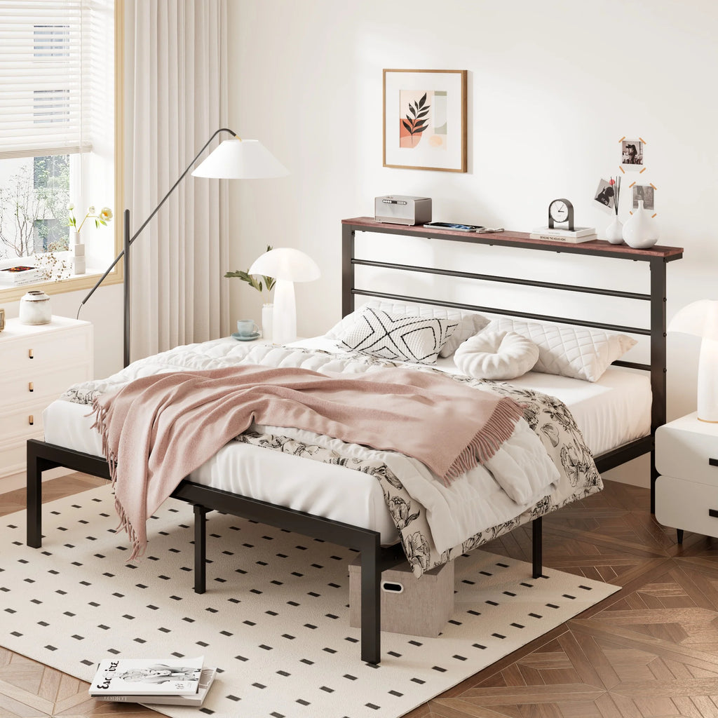 Queen Size Metal Platform Bed Frame with Brown Shelf Headboard C740336