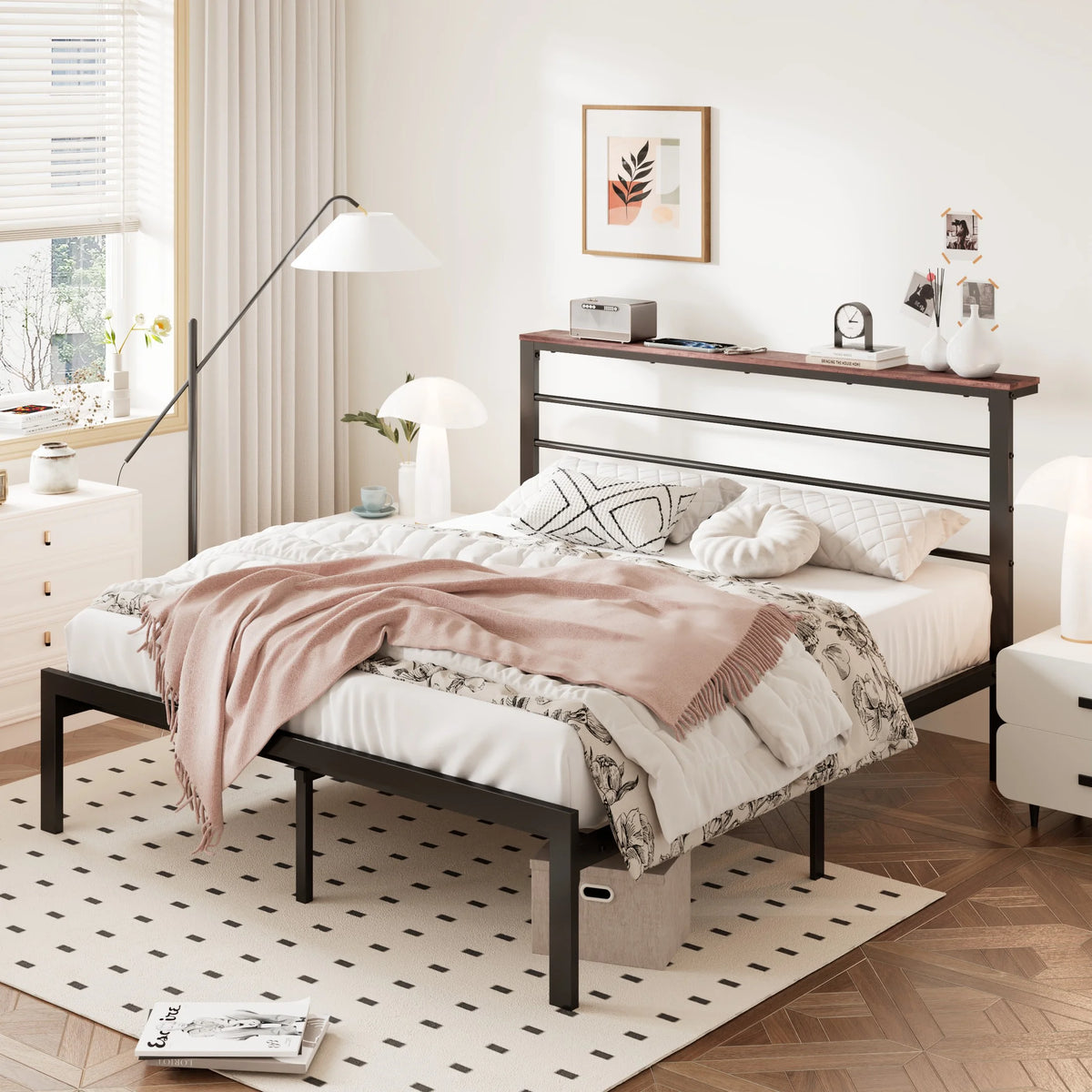 Queen Size Metal Platform Bed Frame with Brown Shelf Headboard C740336