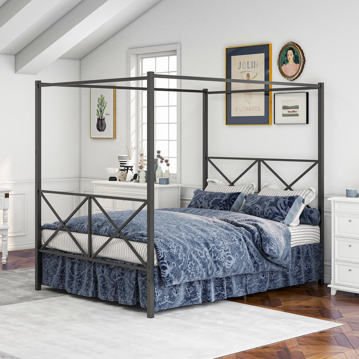 Queen Black Metal Canopy Platform Bed Frame V18815
