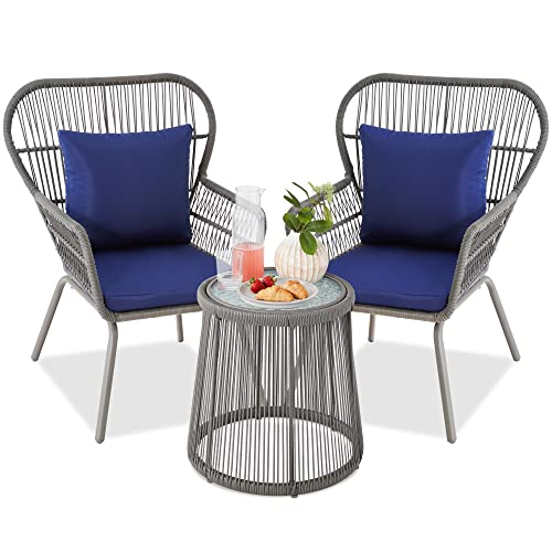 3-Piece All-Weather Wicker Patio Bistro Set with Cushions and Glass Top Side Table K6296