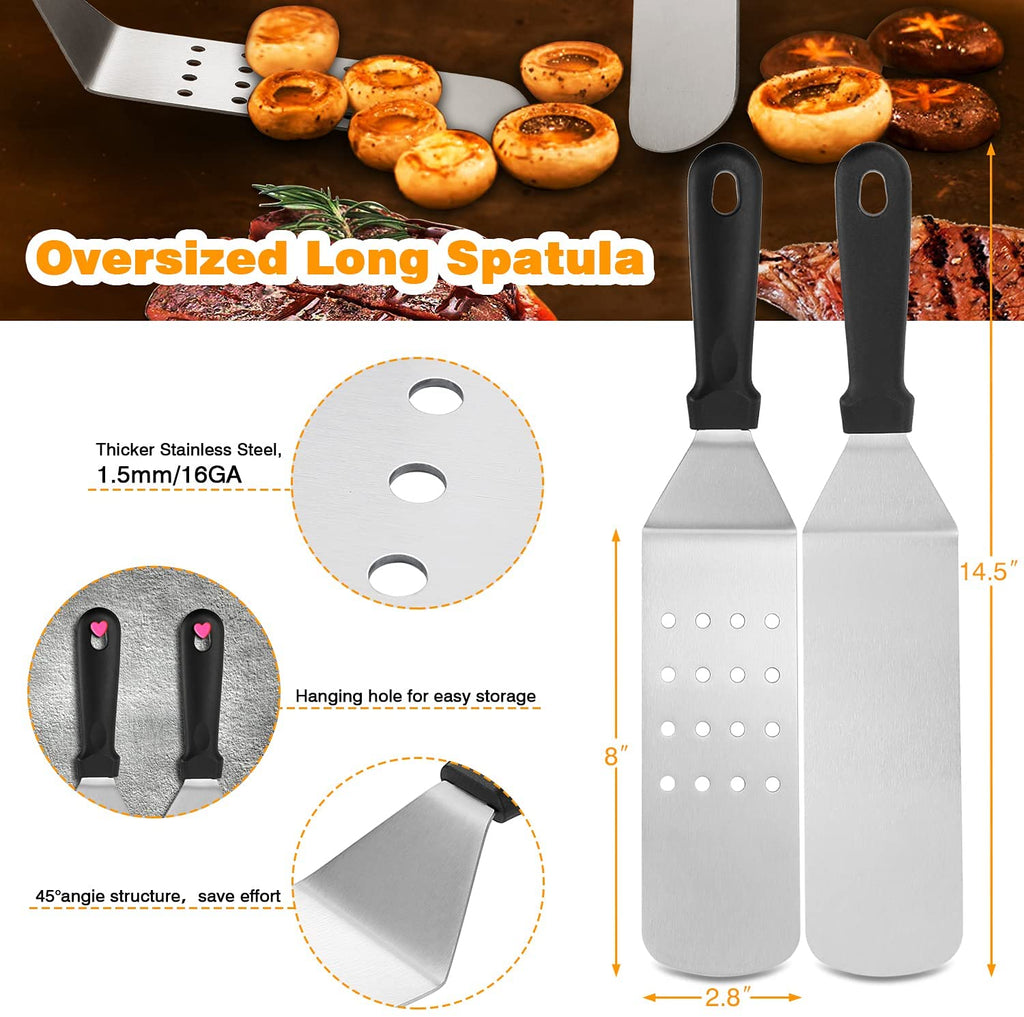 Griddle Tool Set Flat Top Grill Accessories Kit with 304 Melting Dome Lid, Spatulas, Scraper, Egg Rings, Burger Press Carrying Bag & Squirt Bottles G350