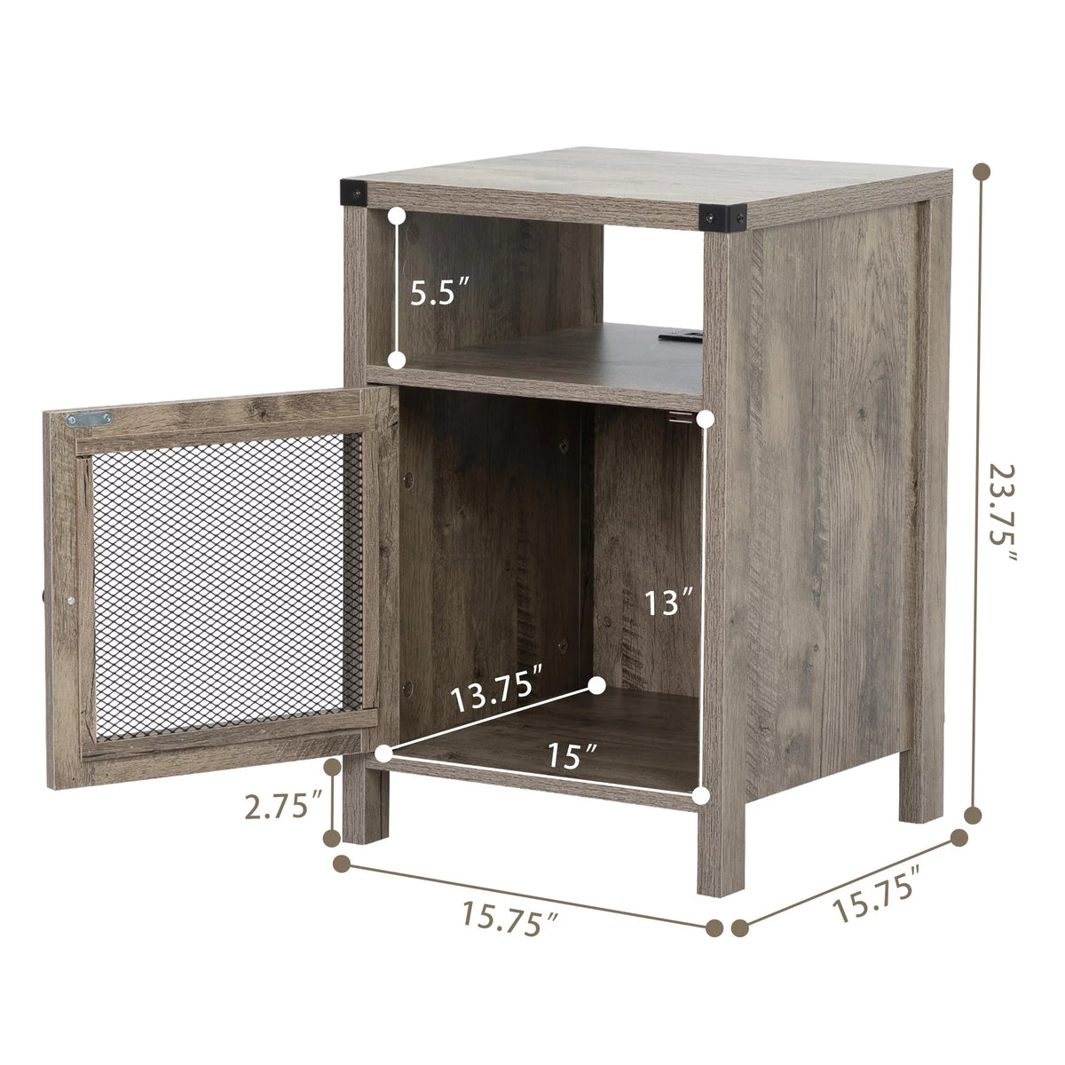 Farmhouse Nightstand with Power Outlets, USB Ports, Cabinet, Storage Shelf N59726