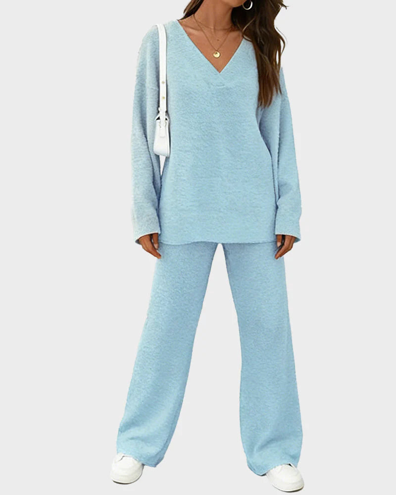 Soft Fuzzy V-Neck Loungewear Set P9155