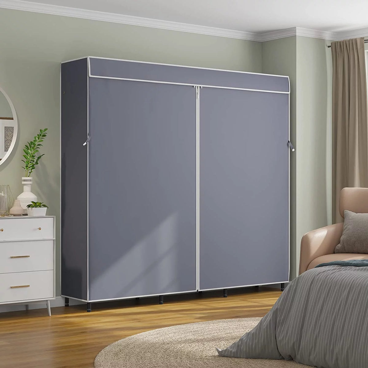 Black Covered Clothes Rack Portable Wardrobe with Grey Oxford Fabric Cover Q77277