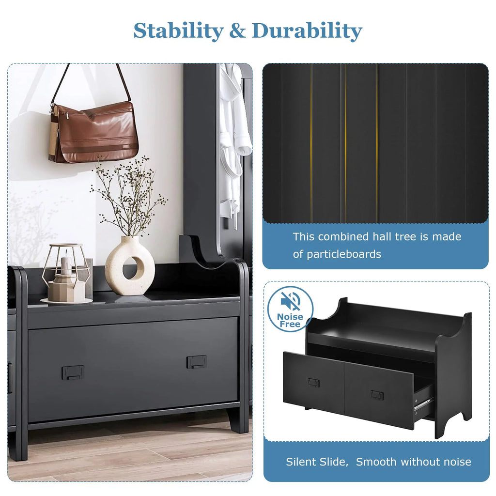 Black Hall Tree with Bench and Shoe Storage V1101