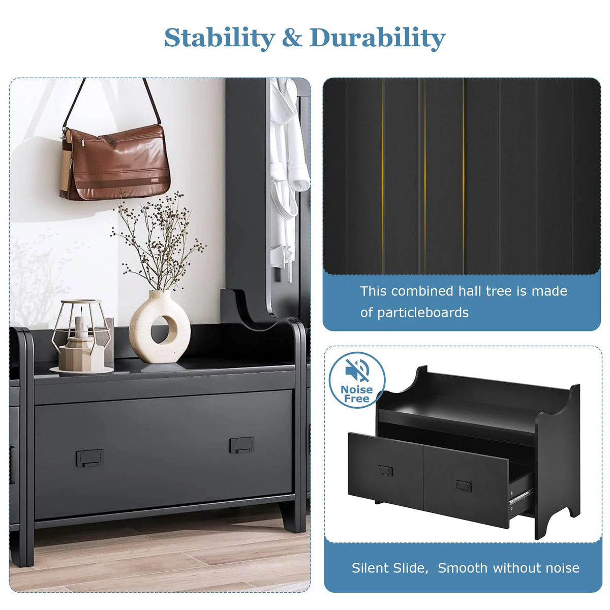 Black Hall Tree with Bench and Shoe Storage V1101