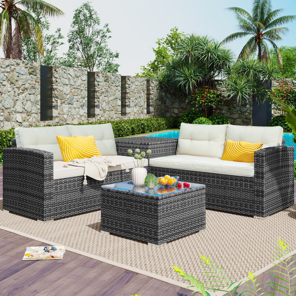 4 Piece Outdoor Rattan Sectional Sofa Set with Padded Cushions and Glass Dining Table C4322