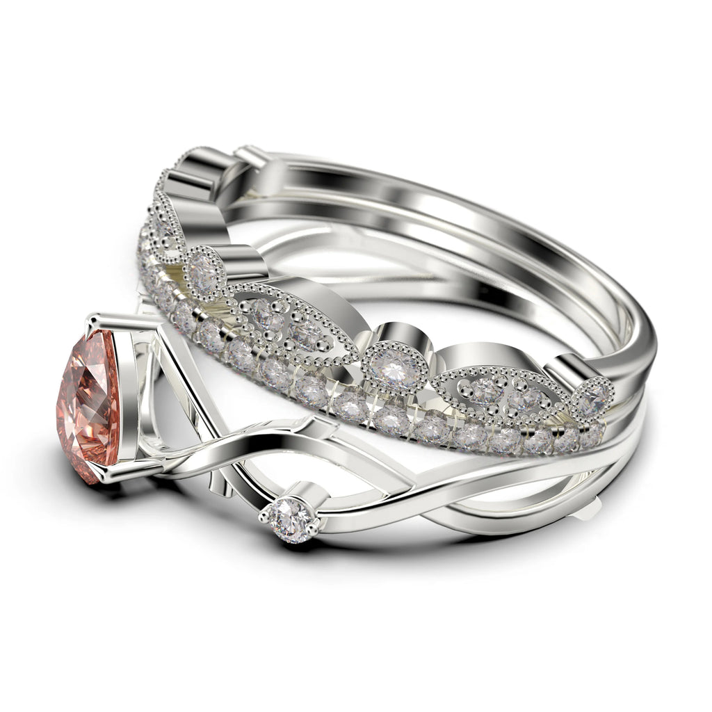 2.10 Carat Pear Cut Morganite And Diamond Moissanite Engagement Ring in 925 Sterling Silver With 18k White Gold Plating, Trio Ring Set M855