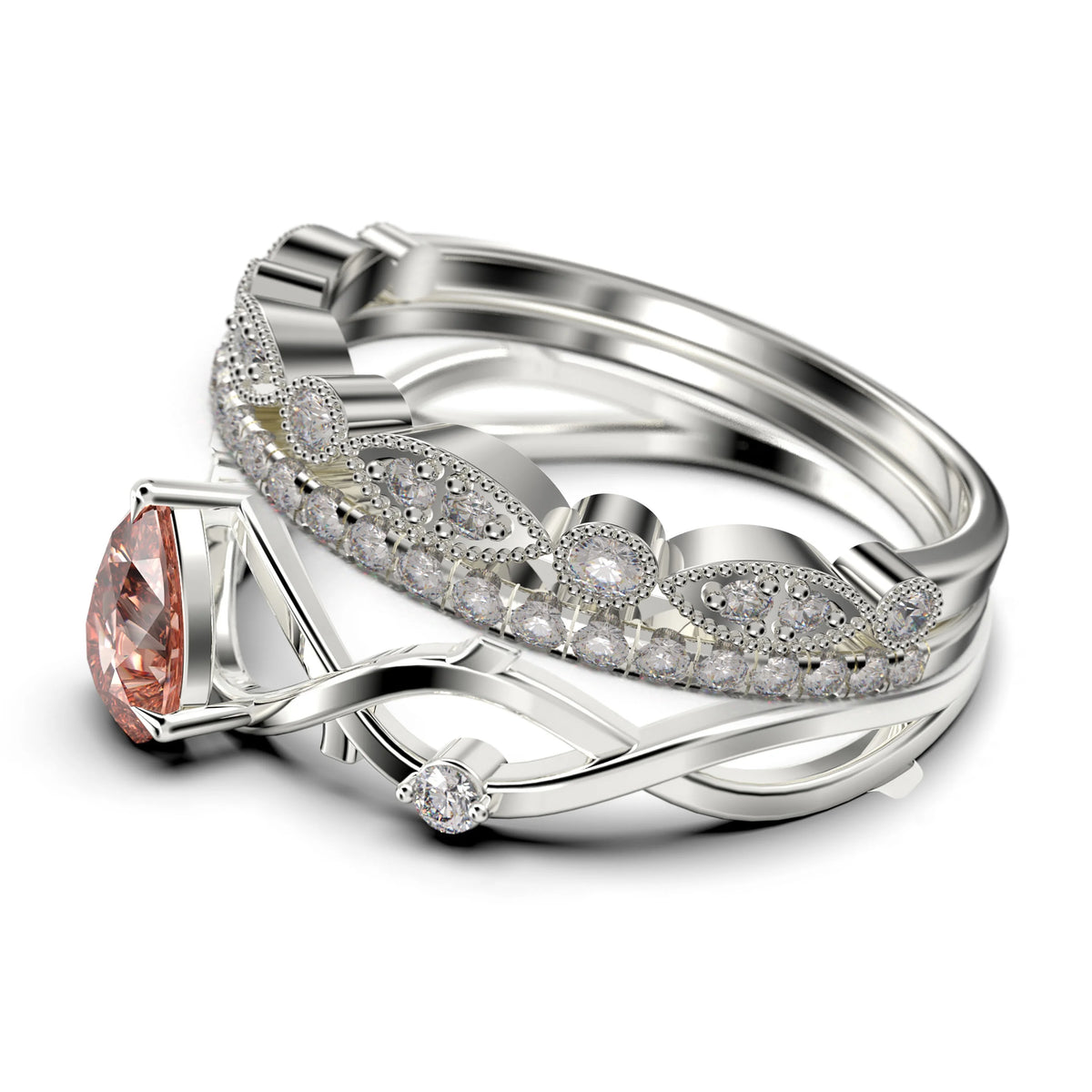2.10 Carat Pear Cut Morganite And Diamond Moissanite Engagement Ring in 925 Sterling Silver With 18k White Gold Plating, Trio Ring Set M855
