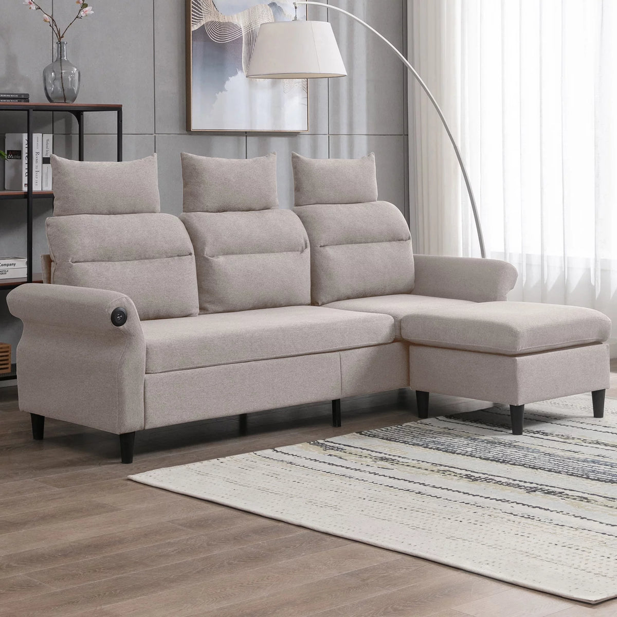 Beige L-Shaped Sectional Sofa with Storage Ottoman and 2 USB Ports C88575