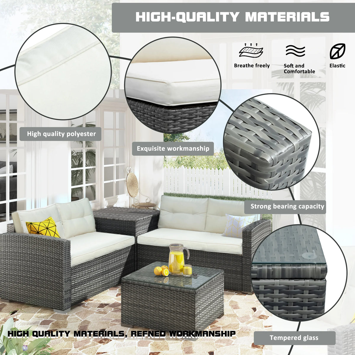 4 Piece Outdoor Rattan Sectional Sofa Set with Padded Cushions and Glass Dining Table C4322