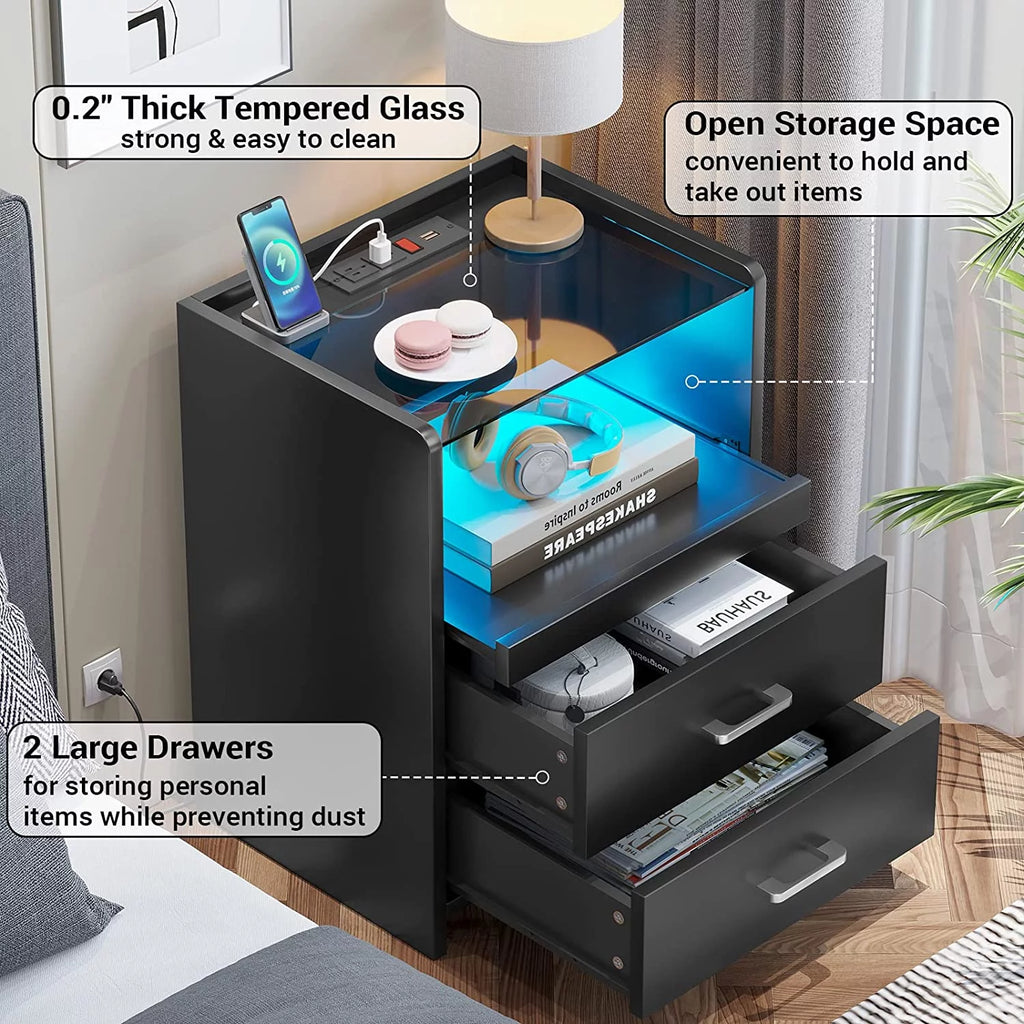 Black Set of 2 LED Nightstand with Charging Station J551935