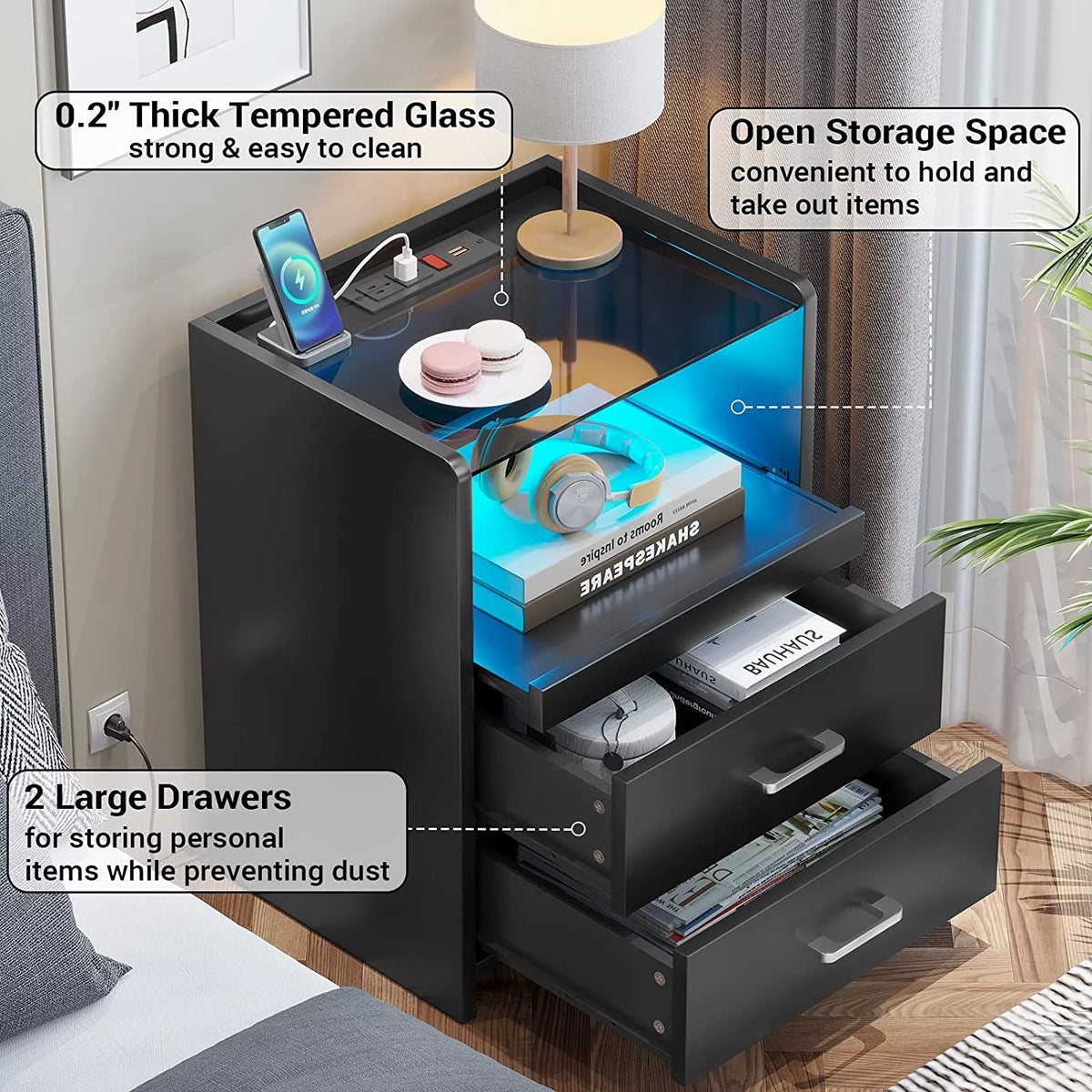 Black Set of 2 LED Nightstand with Charging Station J551935