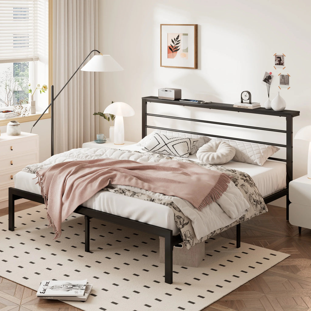Queen Size Metal Platform Bed Frame with Brown Shelf Headboard C740336