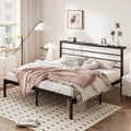Queen Size Metal Platform Bed Frame with Brown Shelf Headboard C740336