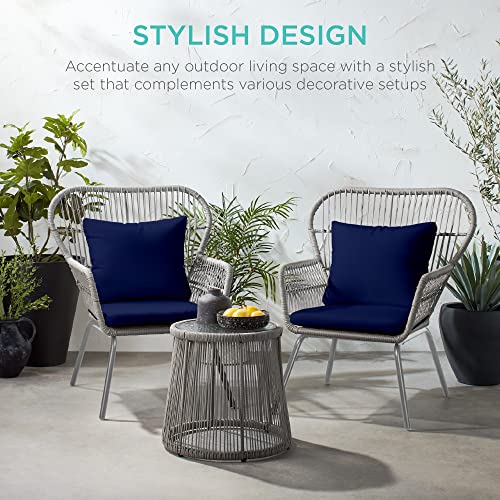3-Piece All-Weather Wicker Patio Bistro Set with Cushions and Glass Top Side Table K6296