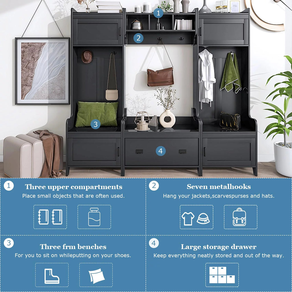 Black Hall Tree with Bench and Shoe Storage V1101
