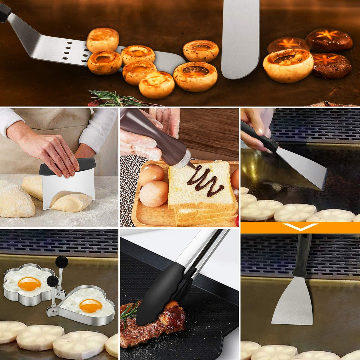 Griddle Tool Set Flat Top Grill Accessories Kit with 304 Melting Dome Lid, Spatulas, Scraper, Egg Rings, Burger Press Carrying Bag & Squirt Bottles G350