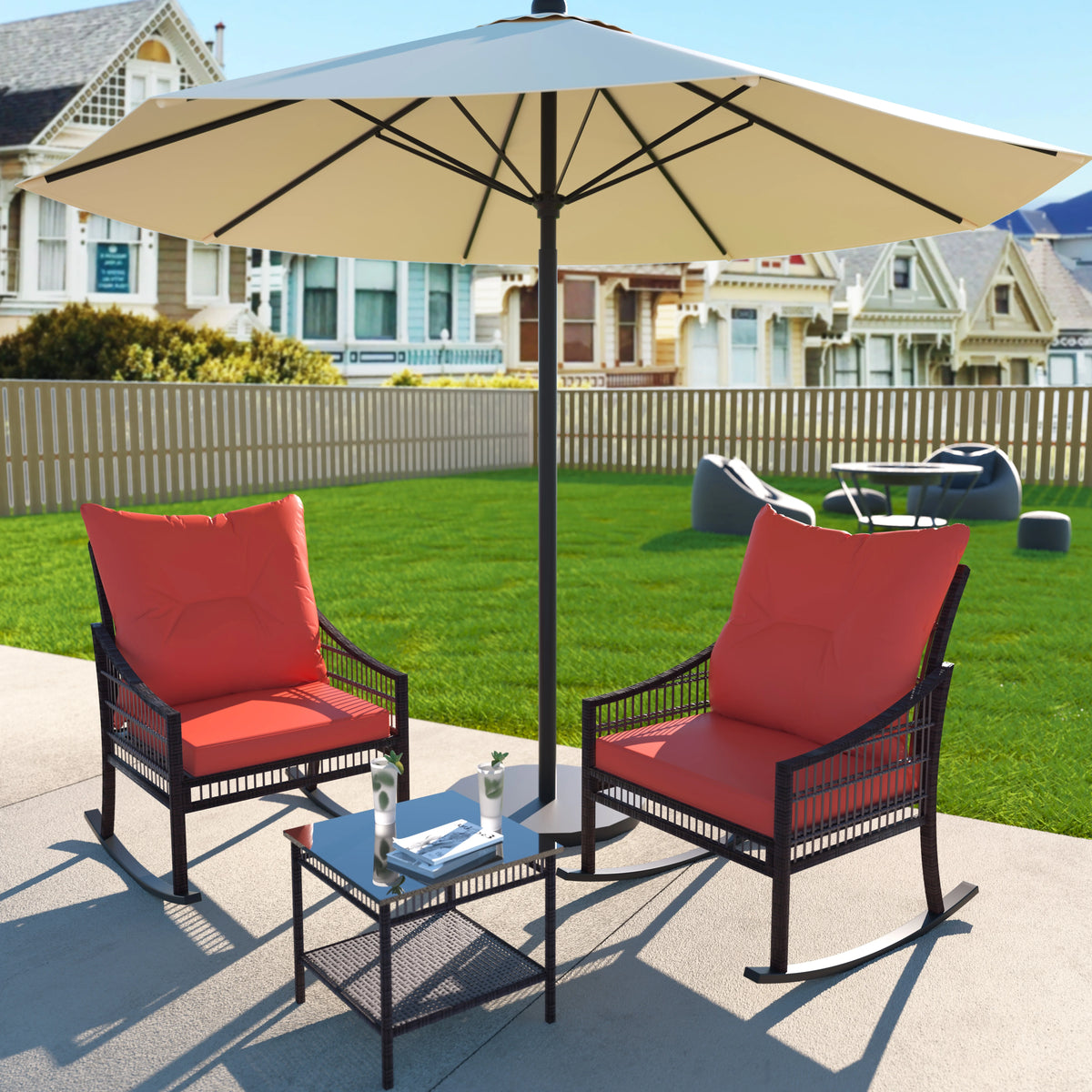3-Piece Wicker Outdoor Rocking Chair Bistro Set with Table & Cushions N148710