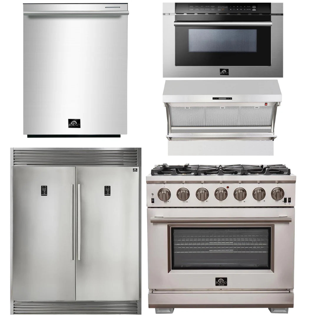 36 Inch Pro Gas Range, Wall Mount Range Hood, Refrigerator, Microwave Drawer, Dishwasher Y3217