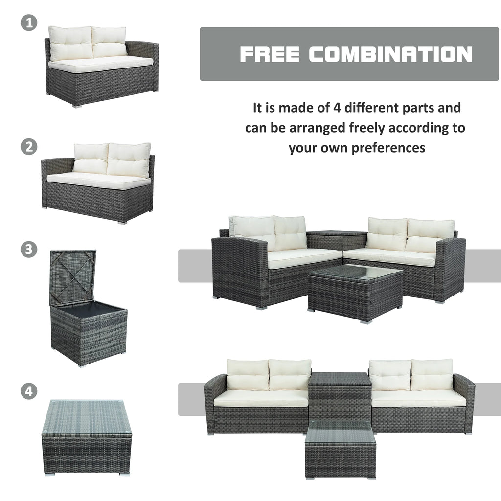 4 Piece Outdoor Rattan Sectional Sofa Set with Padded Cushions and Glass Dining Table C4322