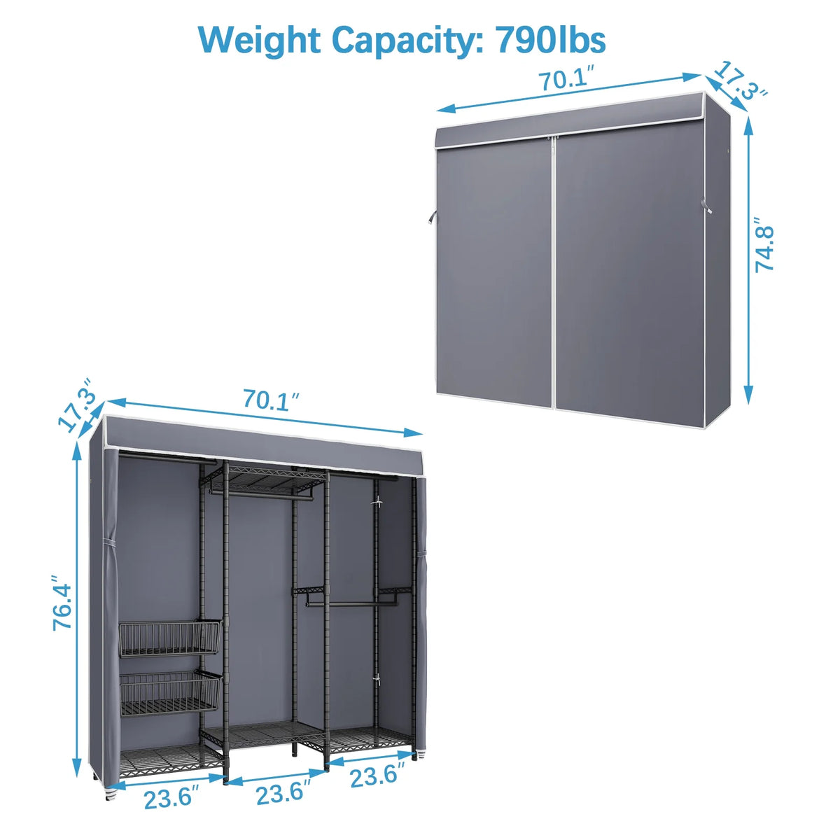 Black Covered Clothes Rack Portable Wardrobe with Grey Oxford Fabric Cover Q77277
