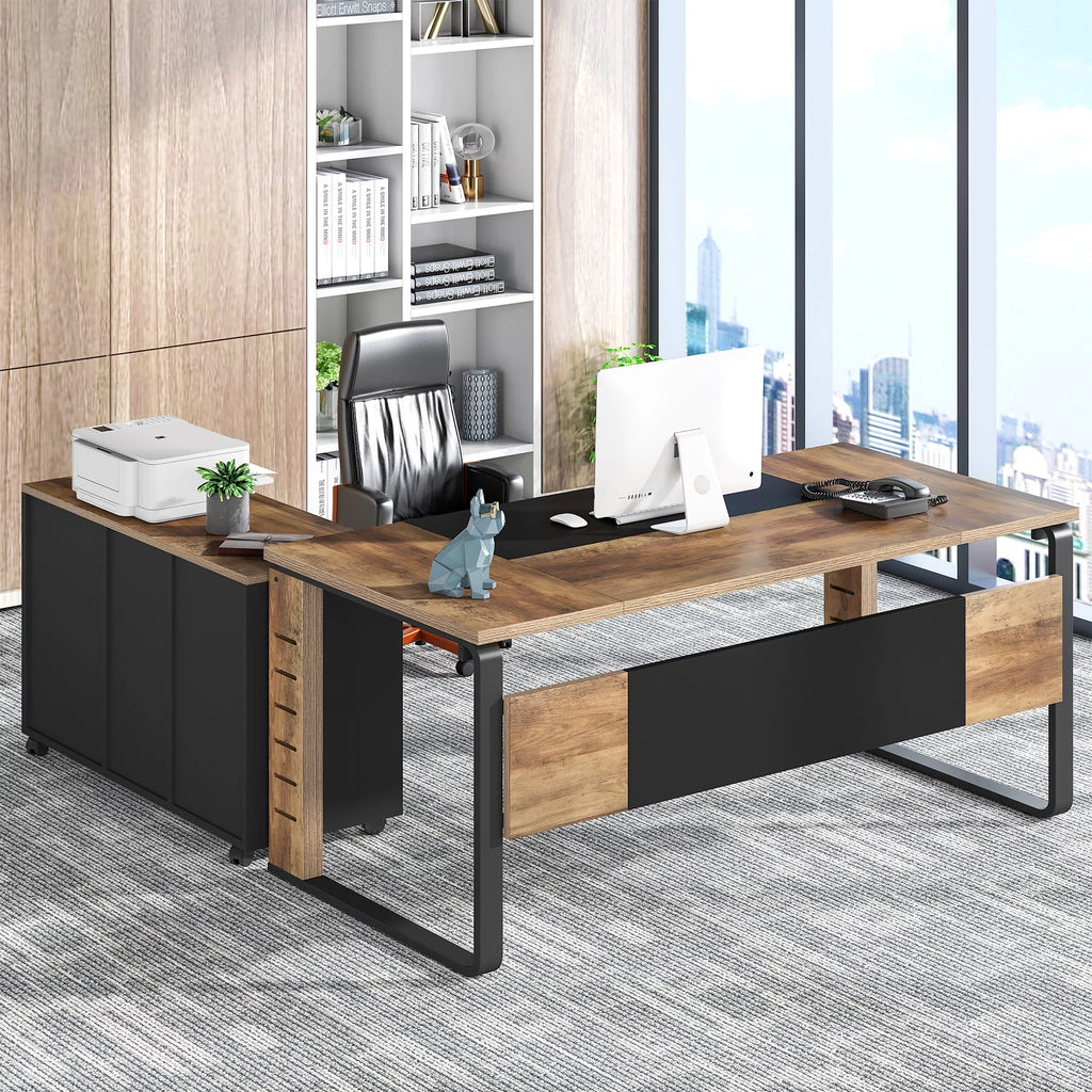 59 inch L-Shaped Computer Desk with File Cabinet P895