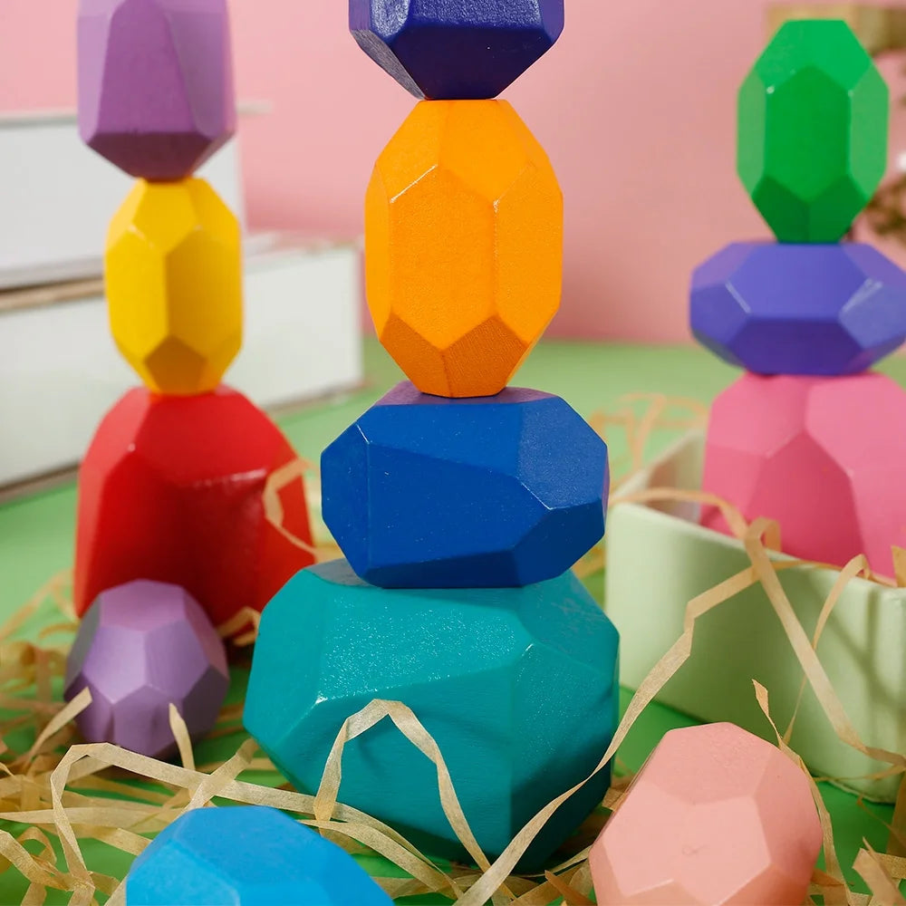 Kids Wooden Colored Balancing Stone Stacking Building Block Toy J4329