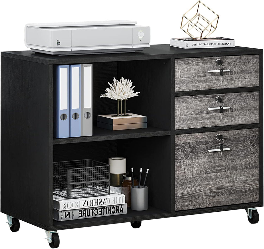 Grey 3 Drawer Mobile Lateral Filing Cabinet with 2 Open Shelves T726