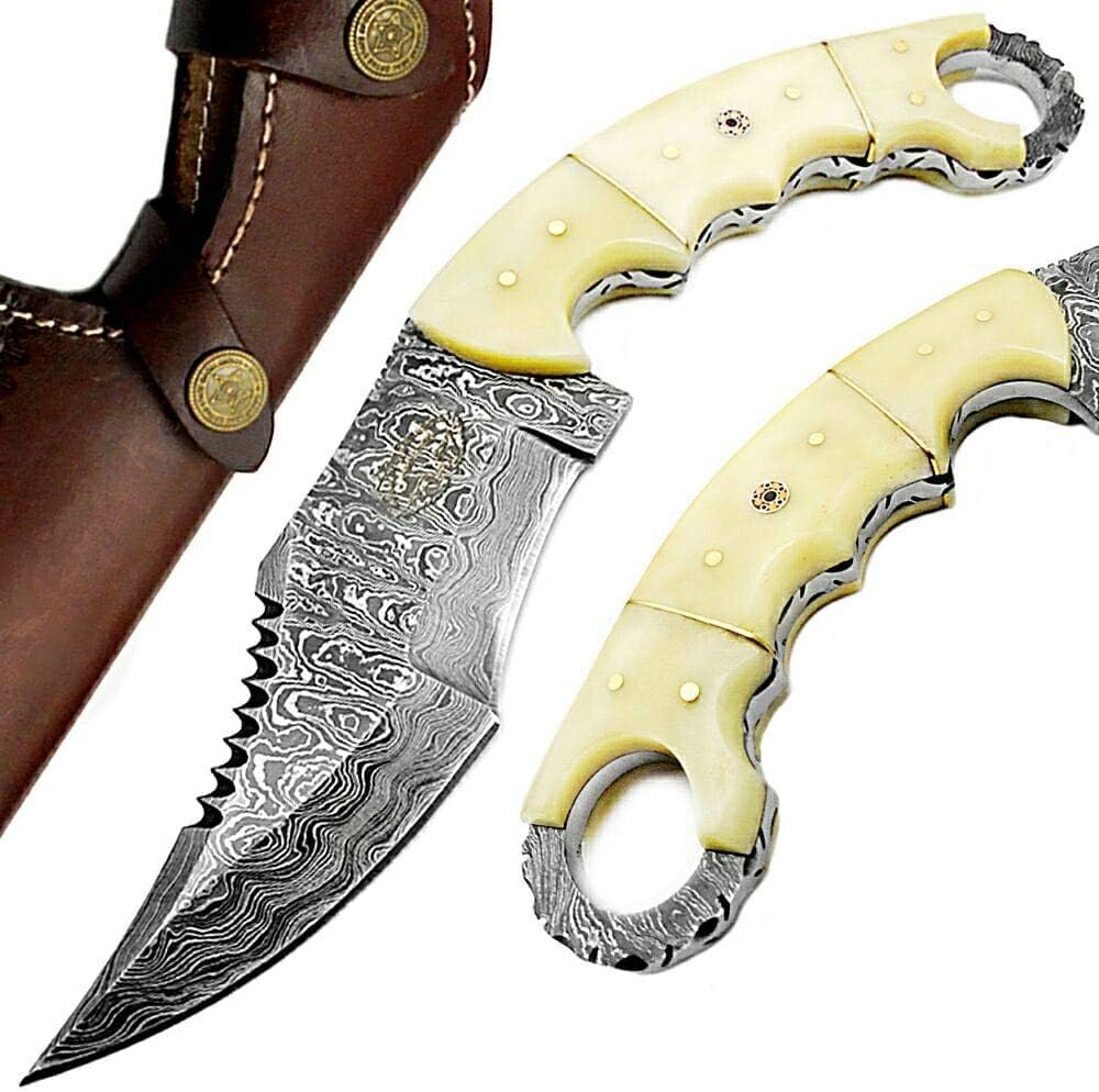 Damascus Steel Hunting Knife with Leather Sheath T4046